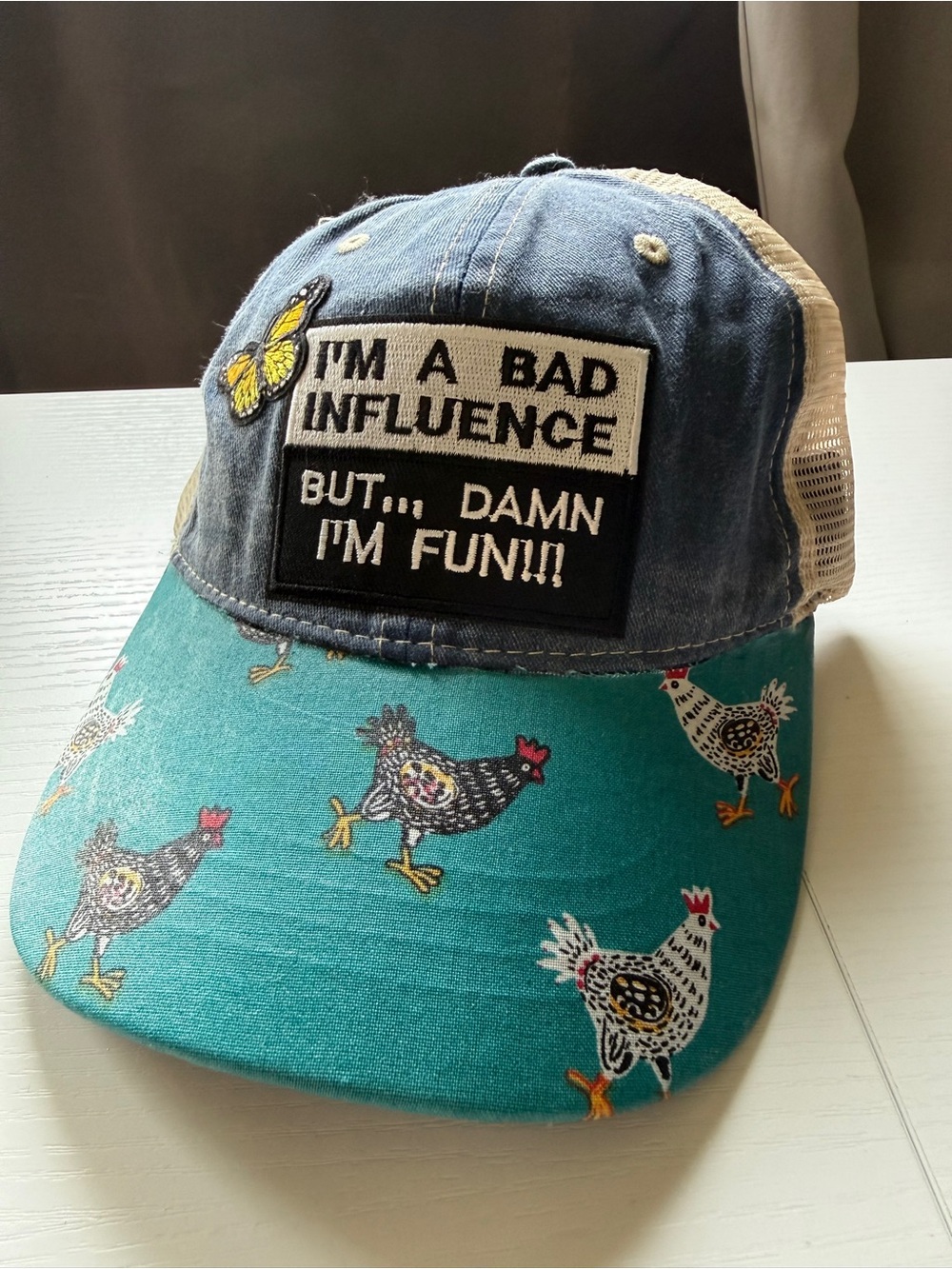 Blue Denim Teal Trucker Hat with Chicken Print Bad Influence Snap Back
